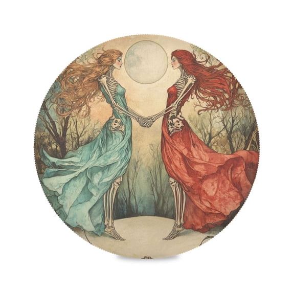 WOBOGO Mirror Image Bone Lady Round Placemats Set of 1 Heat Resistant Washable Kitchen Table Decorations 15.4in