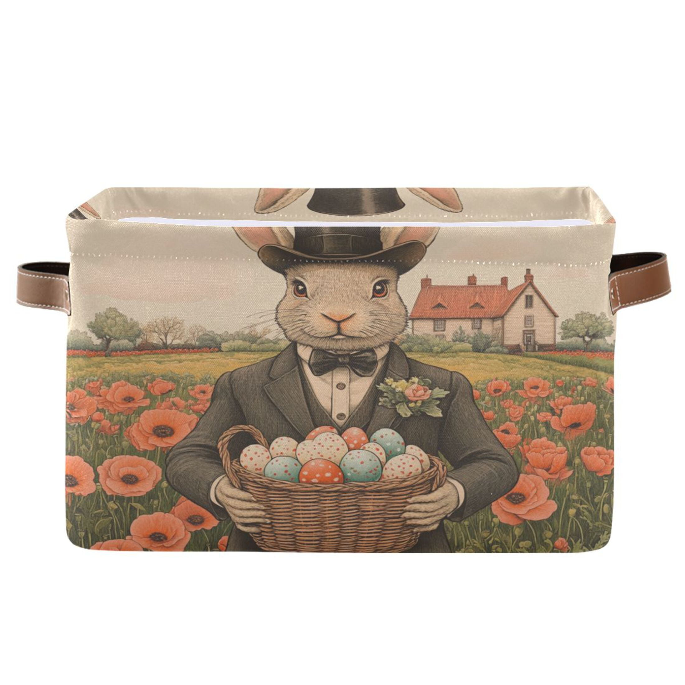 WOBOGO Mister Easter Bunny Square Storage Basket with Waterproof Canvas and PE Lining Durable PU Leather Handles 14.2×10.2×8.3in