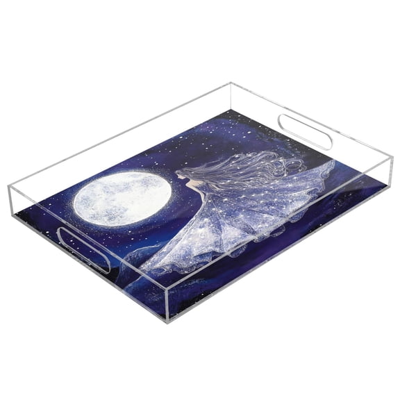 WOBOGO Moon Goddess Acrylic Serving Trays 15.7x11.8 Inch Spill Proof Clear Decorative Organizer with Handle