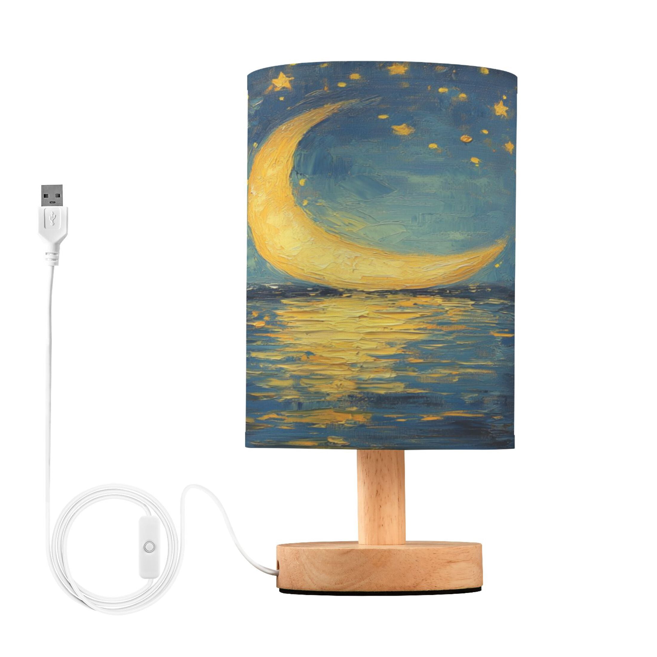 WOBOGO Moon Stars Oil Painting Pattern Bedroom Table Lamp USB Power Connector Wooden Base Round Linen Shade For Living Room Desk