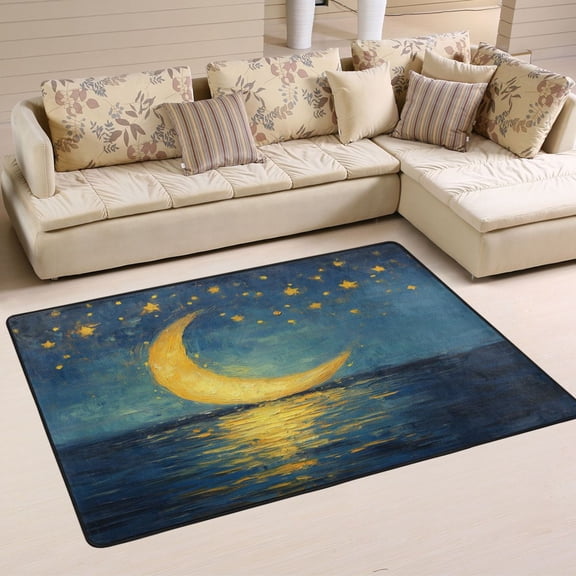 WOBOGO Moon Stars Oil Painting Pattern Carpet Non-Slip Rugs Soft Doormat 36×24in Living Dining Room Bedroom Decorative
