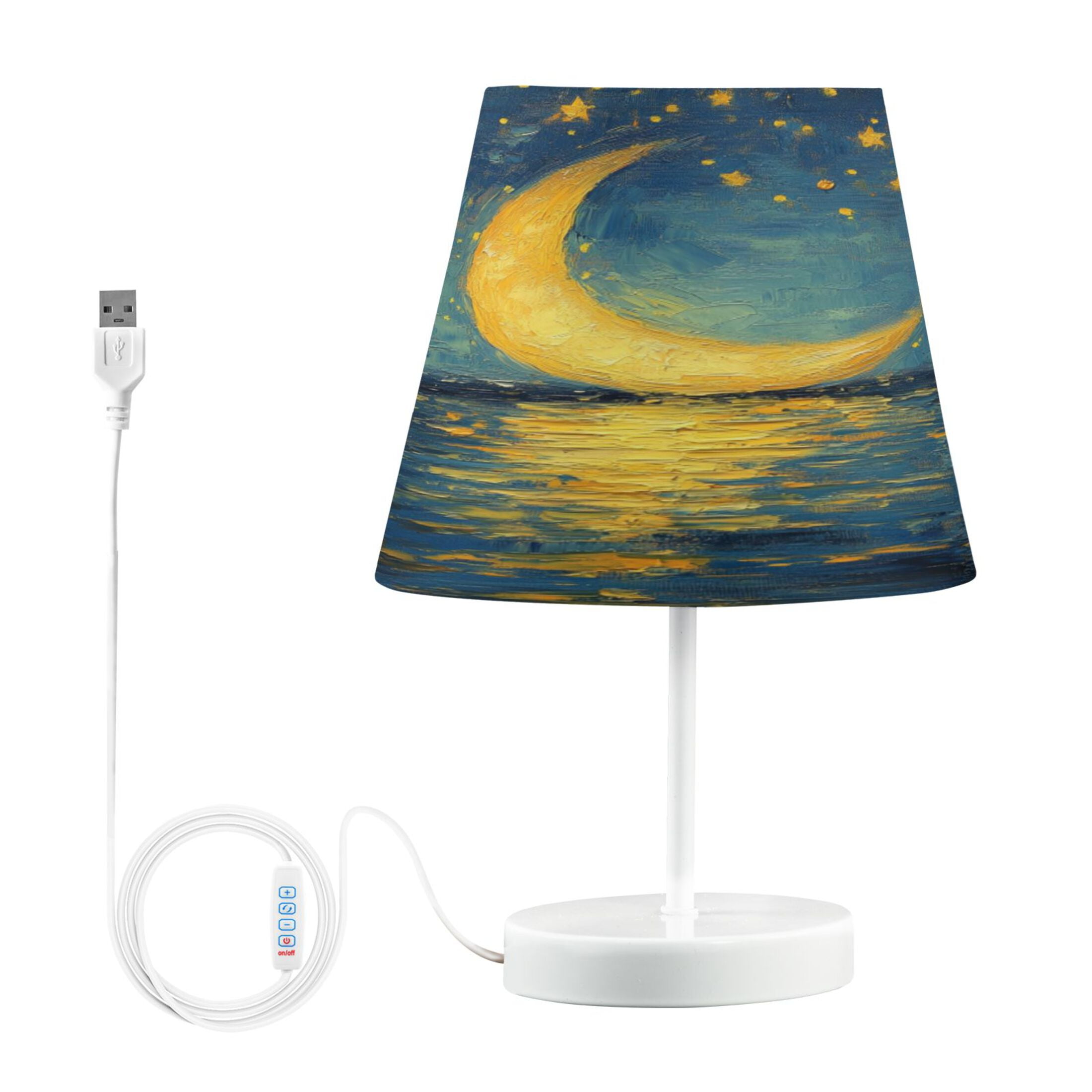 WOBOGO Moon Stars Oil Painting Pattern Table Lamps Bedroom 3-Speed Dimmable Farm Style with Fabric Shade for Reading and Home Office