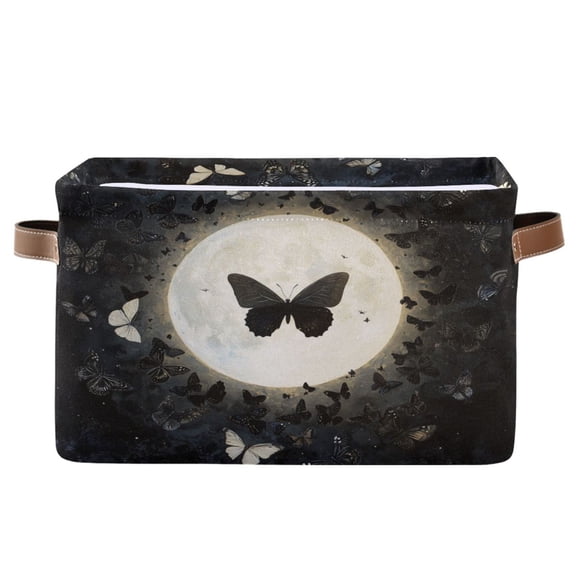WOBOGO Moonlight Butterfly Square Storage Basket with Waterproof Canvas and PE Lining Durable PU Leather Handles 14.2×10.2×8.3in