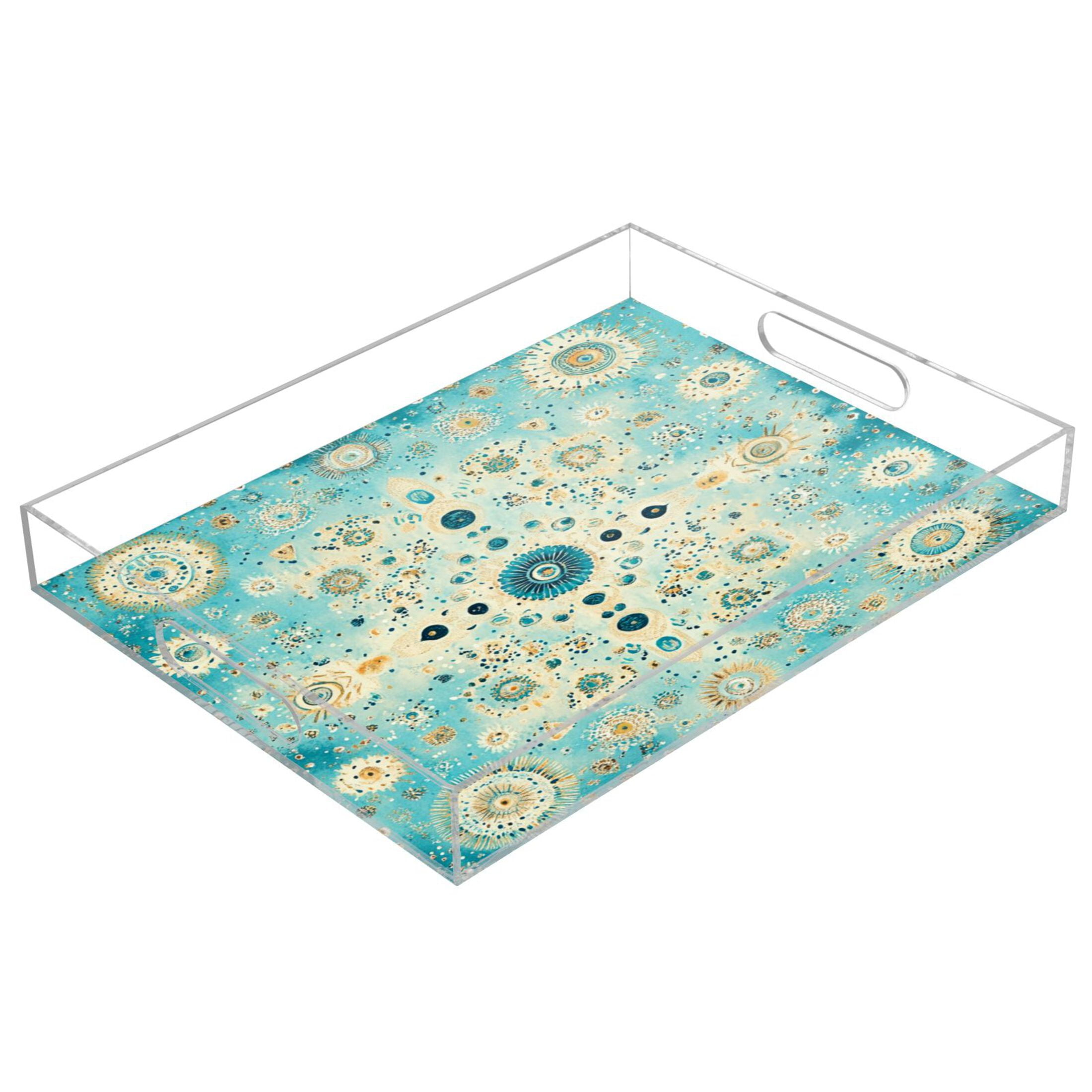 WOBOGO Moroccan Style Pattern Acrylic Serving Trays 15.7x11.8 Inch Spill Proof Clear Decorative Organizer with Handle