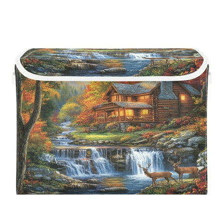 WOBOGO Mountain Hut Large Collapsible Storage Box Flip Lid Fabric Decorative Organizer Container Basket with Handles 16.5×12.6×11.8in