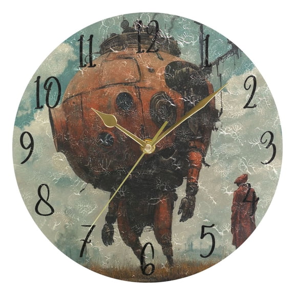 WOBOGO Moving Machine Head Wall Clock 10in Silent Mechanism Battery Operated Retro Style for Living Room Bedroom and Kitchen Gold Pointer