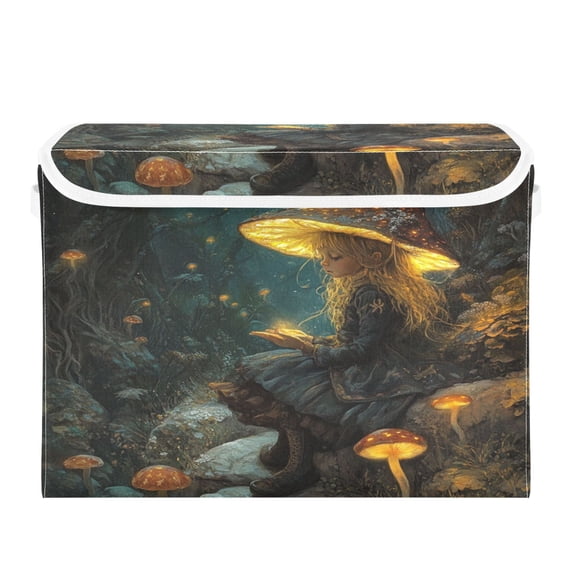 WOBOGO Mushroom Lass Large Collapsible Storage Box Flip Lid Fabric Decorative Organizer Container Basket with Handles 16.5×12.6×11.8in