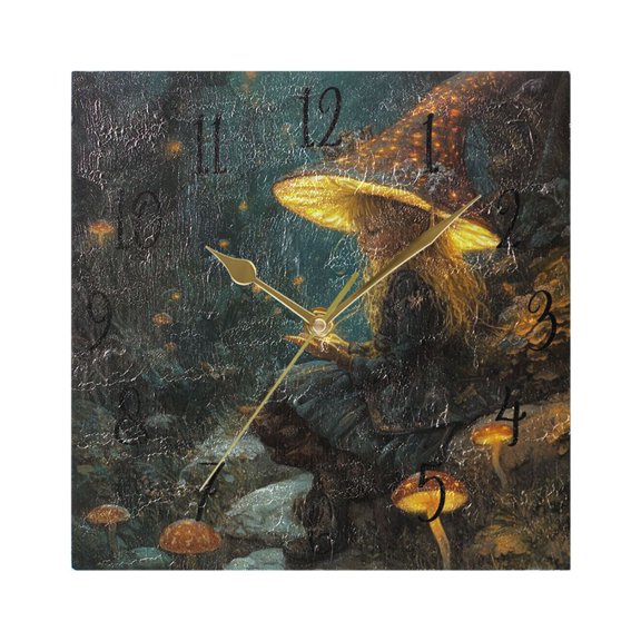 WOBOGO Mushroom Lass Wall Clock 7.78 Inch Battery Operated Silent Unit Square Rustic Vintage Style for Home Bedroom Office Gold Pointer