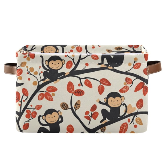 WOBOGO Naughty Monkey Square Storage Basket with Waterproof Canvas and PE Lining Durable PU Leather Handles 14.2×10.2×8.3in