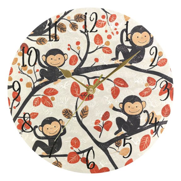 WOBOGO Naughty Monkey Wall Clock 10in Silent Mechanism Battery Operated Retro Style for Living Room Bedroom and Kitchen Gold Pointer