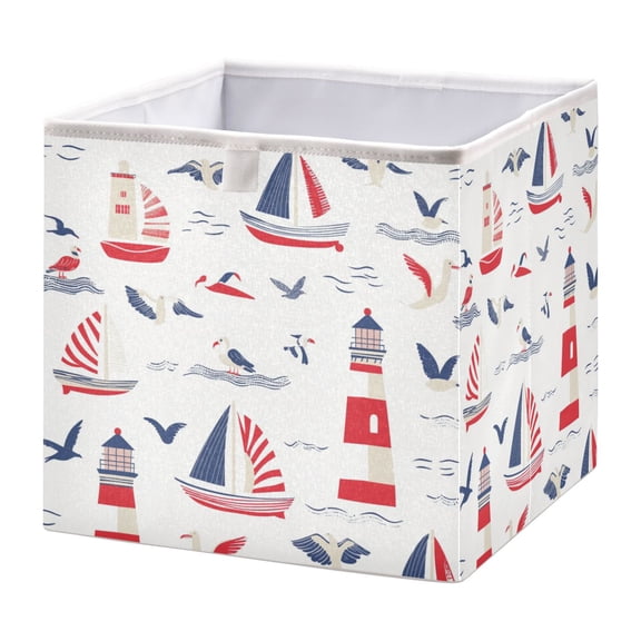 WOBOGO Nautical-themed Seamless Pattern with Boats Storage Basket Foldable Easy to Clean Durable with Hollow Support Plate with Handle 11.02×11.02×11.02 in