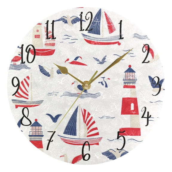 WOBOGO Nautical-themed Seamless Pattern with Boats Wall Clock 10in Silent Mechanism Battery Operated Retro Style for Living Room Bedroom and Kitchen Gold Pointer