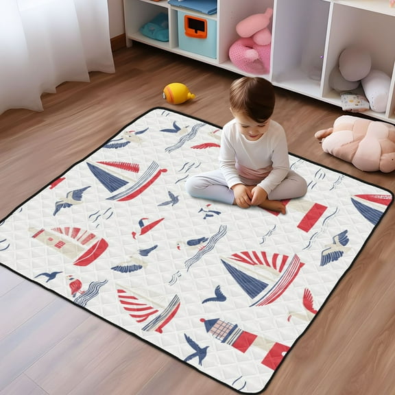 WOBOGO Nautical-themed Seamless Pattern with Boats Baby Playmats Extra Large Waterproof Rollable Activity Pads for Toddlers 5050inch
