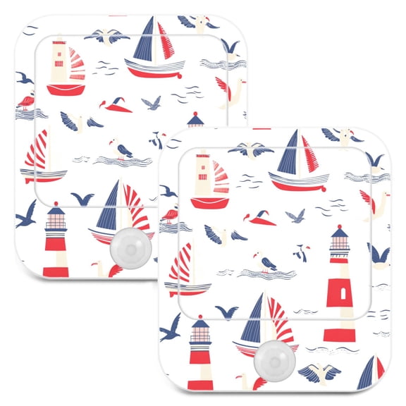 WOBOGO Nautical-themed Seamless Pattern with Boats Night Light Lamp with Smart Sensor Dusk to Dawn Sensor 0.6W Plug-in 2-Pack