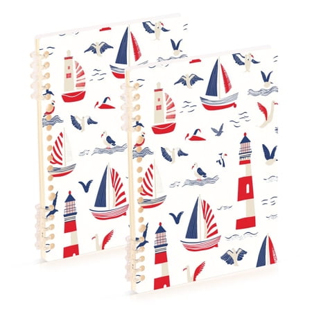WOBOGO Nautical-themed Seamless Pattern with Boats Notebook College Horizontal Grid Paper Ink Spill Resistant Water Resistant Cover 8.3x5.7x0.4in
