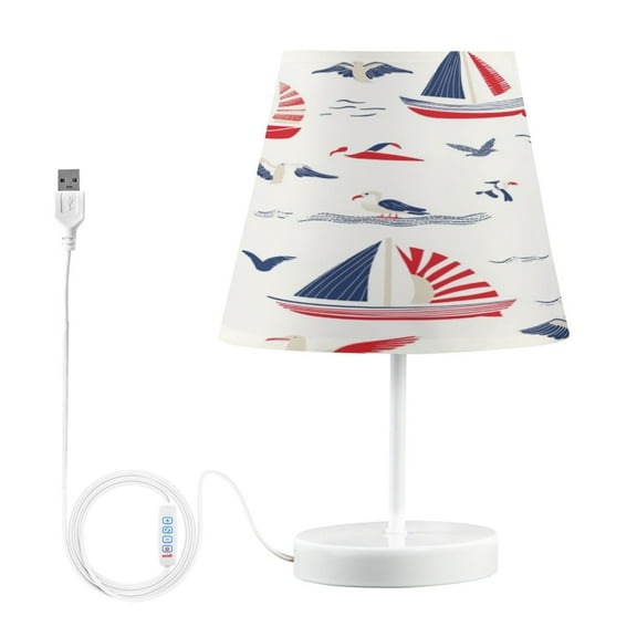 WOBOGO Nautical-themed Seamless Pattern with Boats Table Lamps Bedroom 3-Speed Dimmable Farm Style with Fabric Shade for Reading and Home Office