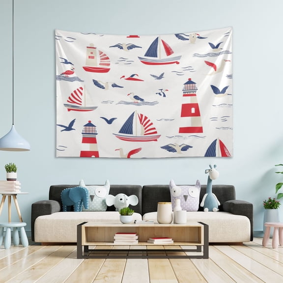 WOBOGO Nautical-themed Seamless Pattern with Boats Tapestry 60×40in Home Living Room Bedroom Wall Hanging Ornaments