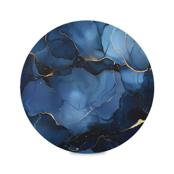 WOBOGO Navy Blue Gilt Marble Round Placemats Set of 6 Heat Resistant Washable Kitchen Table Decorations 15.4in