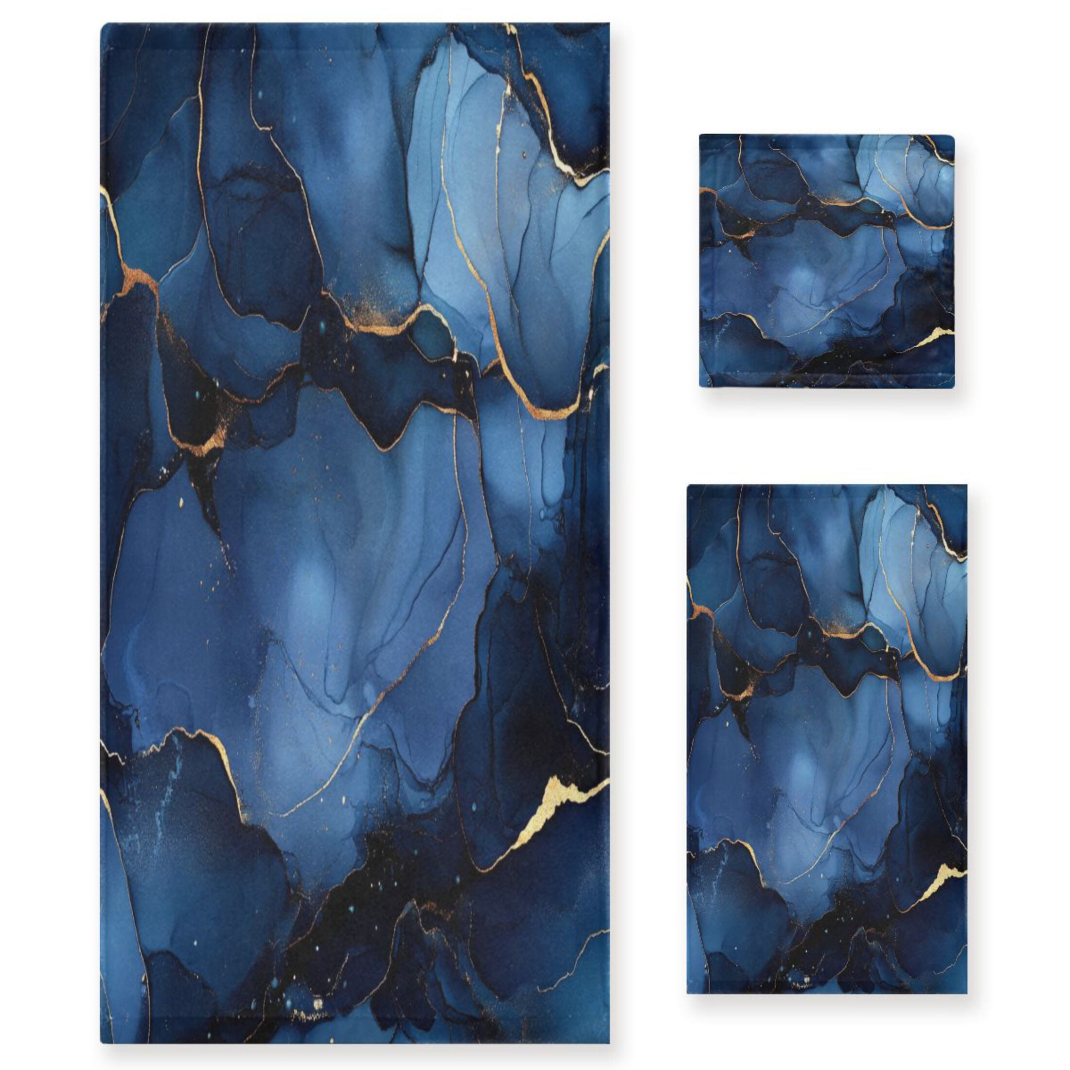 WOBOGO Navy Blue Gilt Marble Ultra Soft 3 Pack Cotton Towel Set Includes 60 x 30in Bath Towel 28 x 16in Face Towel and 13 x 13in Small Square Towel for Everyday Use Lightweight and Compact