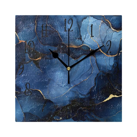 WOBOGO Navy Blue Gilt Marble Wall Clock 7.78 Inch Battery Operated Silent Unit Square Rustic Vintage Style for Home Bedroom Office Black Pointer