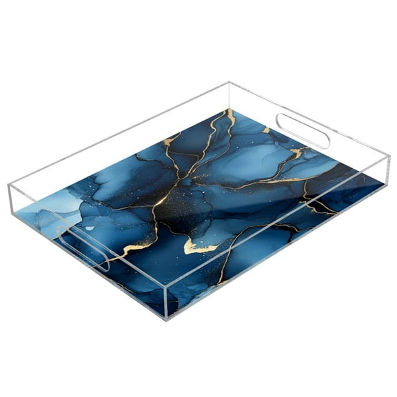 WOBOGO Navy Blue Gilt Marbles Acrylic Serving Trays 15.7x11.8 Inch Spill Proof Clear Decorative Organizer with Handle