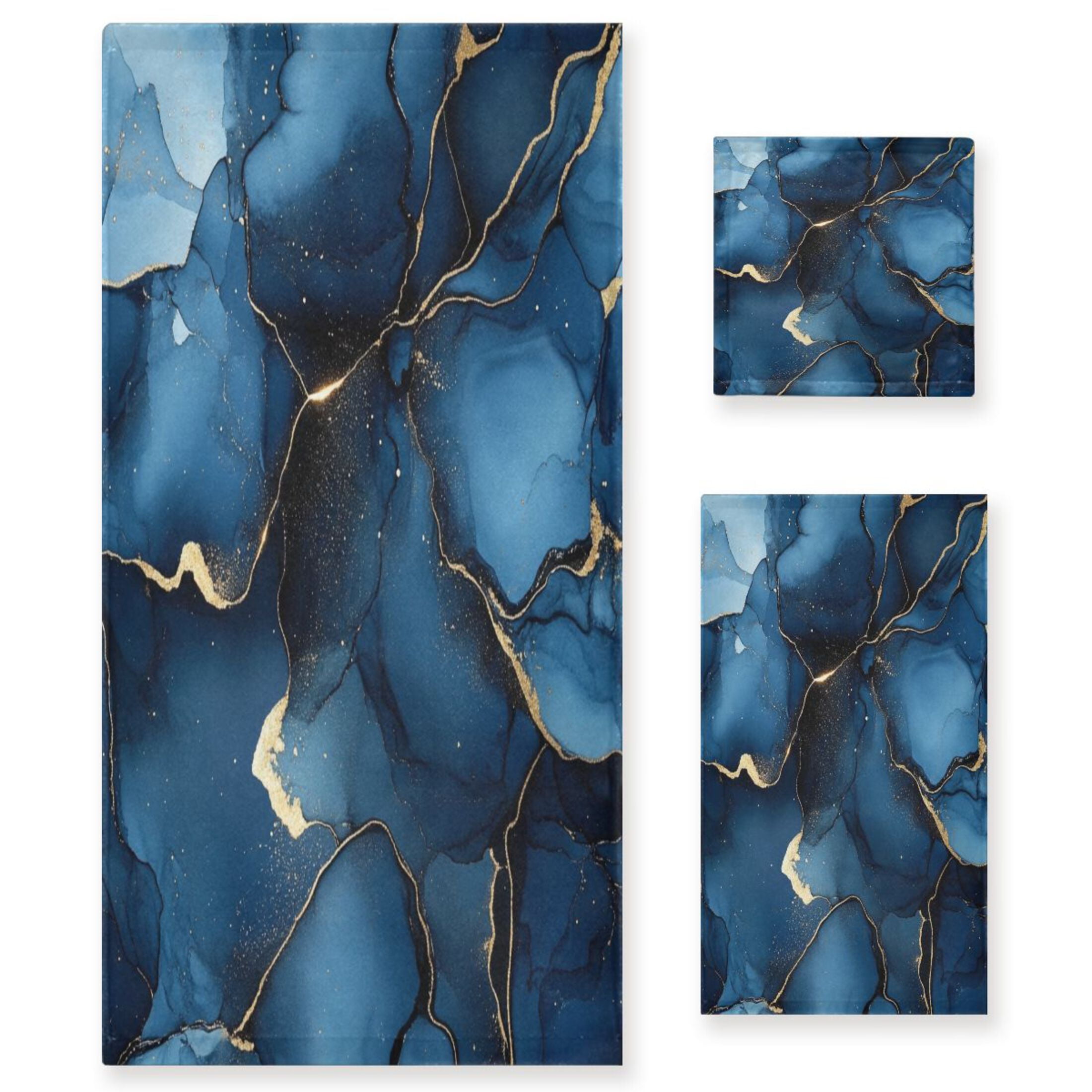 WOBOGO Navy Blue Gilt Marbles Ultra Soft 3 Pack Cotton Towel Set Includes 60 x 30in Bath Towel 28 x 16in Face Towel and 13 x 13in Small Square Towel for Everyday Use Lightweight and Compact
