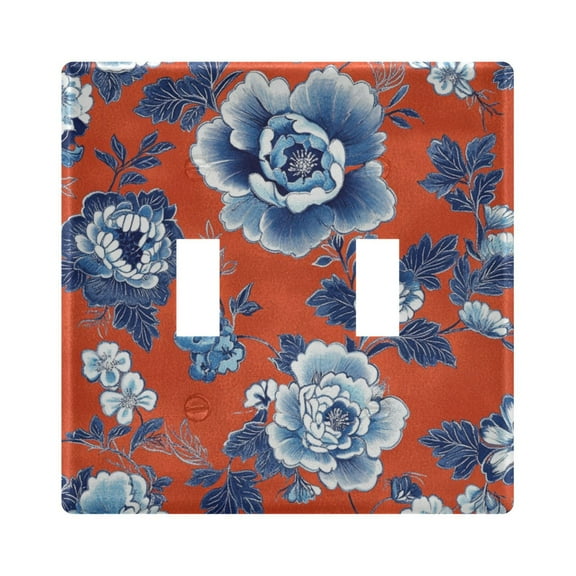 WOBOGO Navy Blue Porcelain Flower Pattern 2-hole Switch Plates PC Flame Retardant Plastic Material Glossy Finish Smooth Touch 4.56x4.48x0.27in