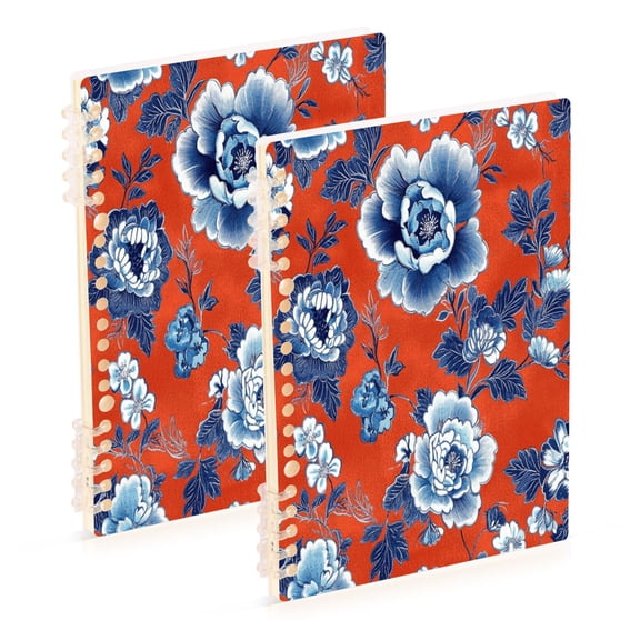 WOBOGO Navy Blue Porcelain Flower Pattern Notebook College Horizontal Grid Paper Ink Spill Resistant Water Resistant Cover 8.3x5.7x0.4in