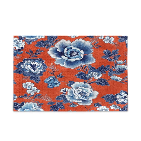 WOBOGO Navy Blue Porcelain Flower Pattern Puzzle Challenge 500 Piece Jigsaw Suitable for Game Night Finished Size 20.5 x 14.9in