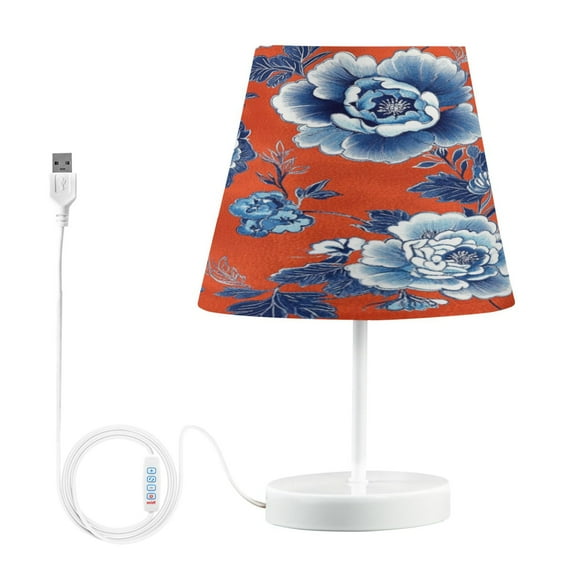 WOBOGO Navy Blue Porcelain Flower Pattern Table Lamps Bedroom 3-Speed Dimmable Farm Style with Fabric Shade for Reading and Home Office