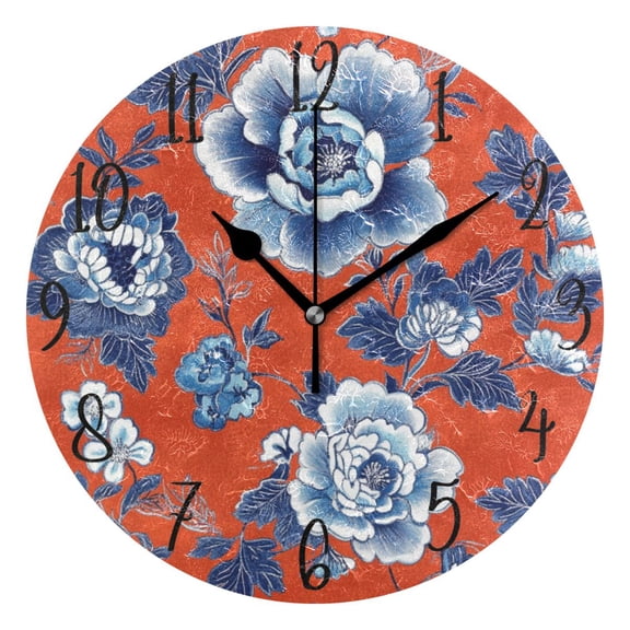 WOBOGO Navy Blue Porcelain Flower Pattern Wall Clock 10in Silent Mechanism Battery Operated Retro Style for Living Room Bedroom and Kitchen Black Pointer