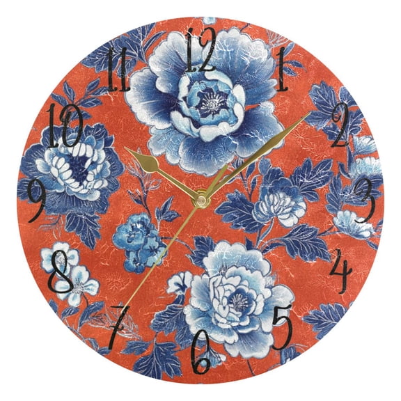 WOBOGO Navy Blue Porcelain Flower Pattern Wall Clock 10in Silent Mechanism Battery Operated Retro Style for Living Room Bedroom and Kitchen Gold Pointer