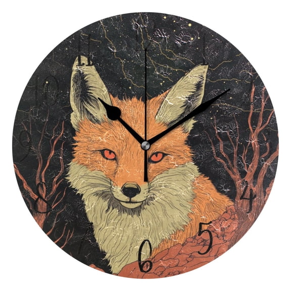 WOBOGO Night Orange Fox Wall Clock 10in Silent Mechanism Battery Operated Retro Style for Living Room Bedroom and Kitchen Black Pointer