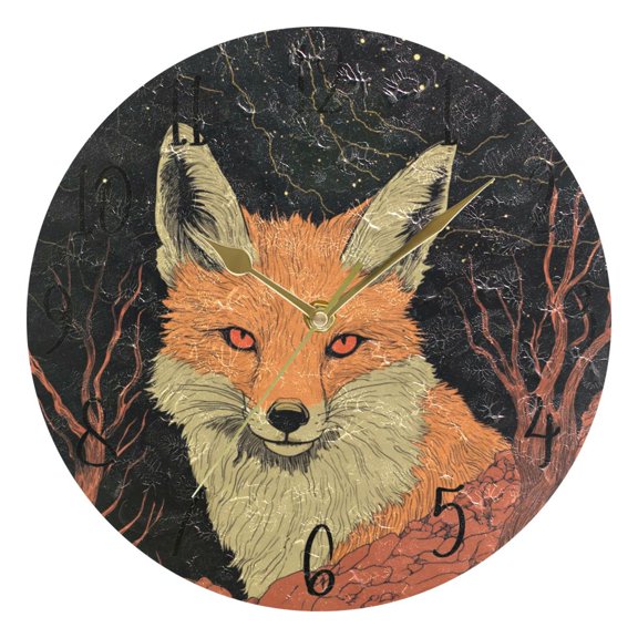WOBOGO Night Orange Fox Wall Clock 10in Silent Mechanism Battery Operated Retro Style for Living Room Bedroom and Kitchen Gold Pointer