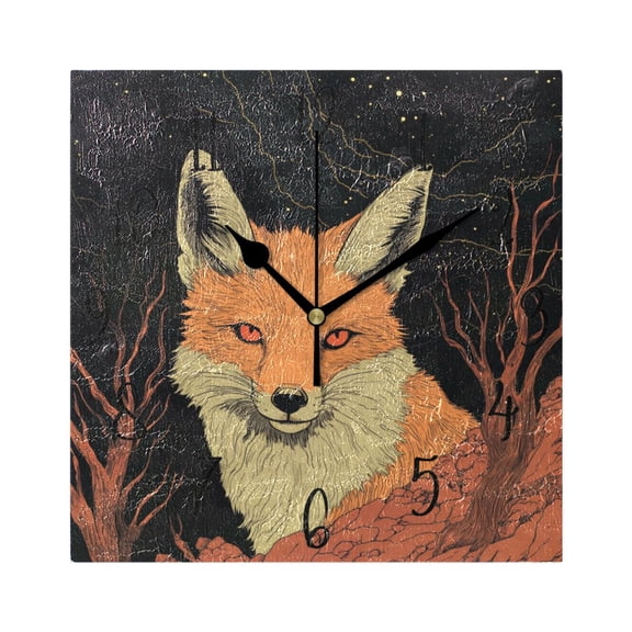 WOBOGO Night Orange Fox Wall Clock 7.78 Inch Battery Operated Silent Unit Square Rustic Vintage Style for Home Bedroom Office Black Pointer