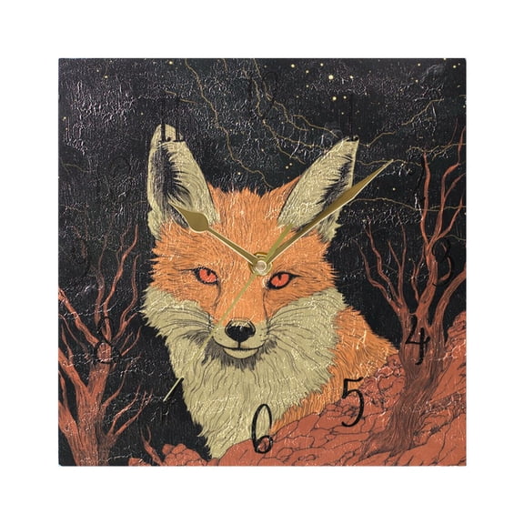 WOBOGO Night Orange Fox Wall Clock 7.78 Inch Battery Operated Silent Unit Square Rustic Vintage Style for Home Bedroom Office Gold Pointer