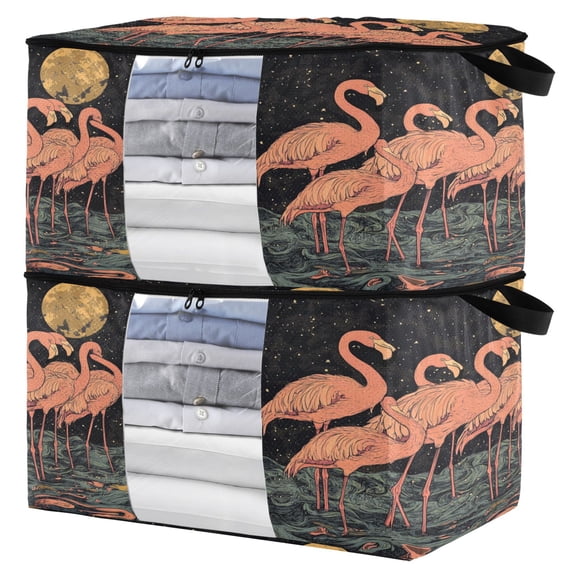 WOBOGO Night Sky Flamingo Pattern Clothes Storage 2Pack Foldable Thick Fabric Blanket Organizer Bag with Handle 21.65×13.78×12.4in