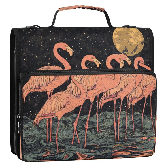 WOBOGO Night Sky Flamingo Pattern Ring Binder Bag 1.5in Folder Organizer with Shoulder Strap for 13Inch Laptop and 500 Sheets of Paper