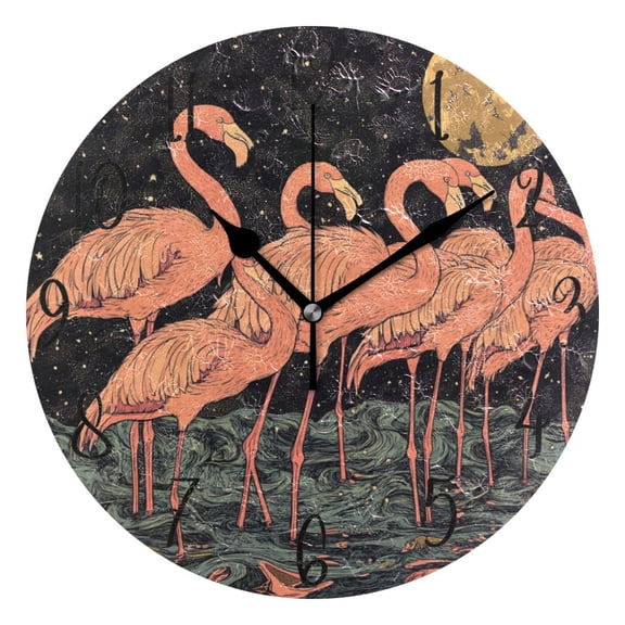 WOBOGO Night Sky Flamingo Pattern Wall Clock 10in Silent Mechanism Battery Operated Retro Style for Living Room Bedroom and Kitchen Black Pointer