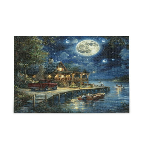 WOBOGO Night View at The Lake Puzzle Challenge 500 Piece Jigsaw Suitable for Game Night Finished Size 20.5 x 14.9in