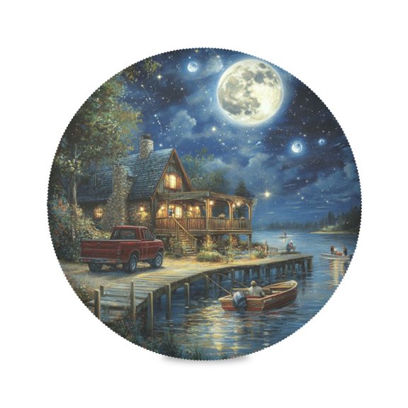 WOBOGO Night View at The Lake Round Placemats Set of 1 Heat Resistant Washable Kitchen Table Decorations 15.4in