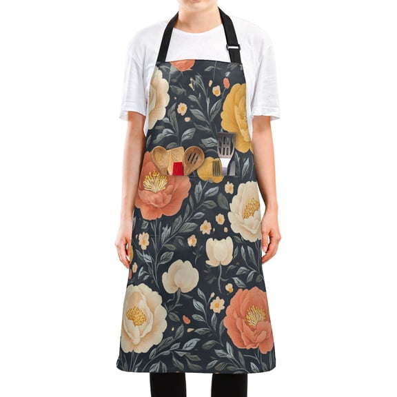 WOBOGO Nostalgic Peonies Pattern Long Apron Waterdrop Resistant with 2 Pockets Cooking Kitchen Chef Apron for Women Men
