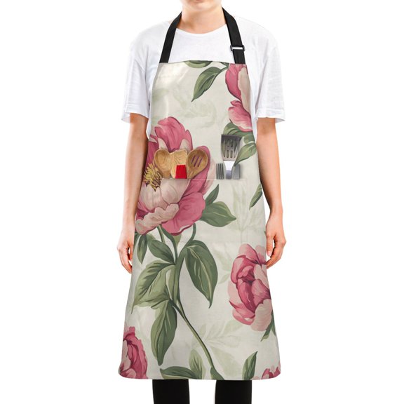 WOBOGO Nostalgic Peonies Pattern Long Apron Waterdrop Resistant with 2 Pockets Cooking Kitchen Chef Apron for Women Men