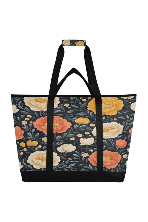 Nostalgic Peonies Pattern Tote Cooler Bag Fold Flat Insulated Shopping Bag With Zipper For Work Picnic Beach Use 186.724in