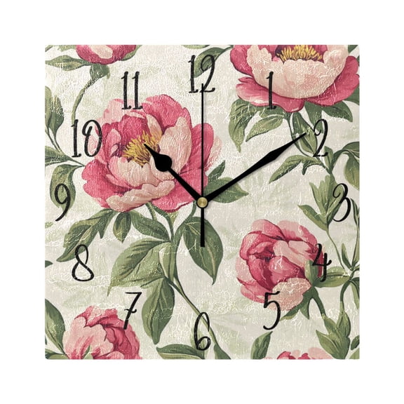 WOBOGO Nostalgic Peonies Pattern Wall Clock 7.78 Inch Battery Operated Silent Unit Square Rustic Vintage Style for Home Bedroom Office Black Pointer