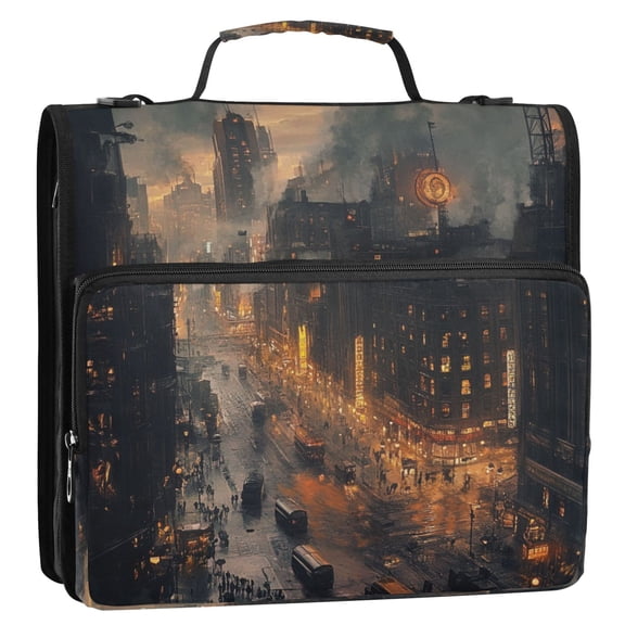 WOBOGO Nostalgic View Of The City Ring Binder Bag 1.5in Folder Organizer with Shoulder Strap for 13Inch Laptop and 500 Sheets of Paper