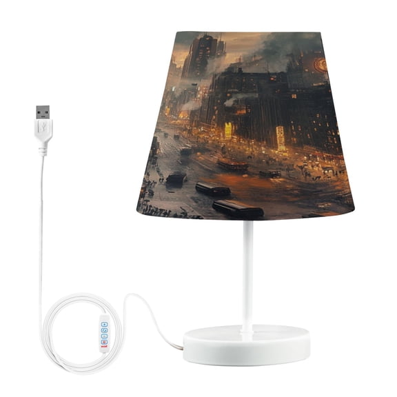 WOBOGO Nostalgic View Of The City Table Lamps Bedroom 3-Speed Dimmable Farm Style with Fabric Shade for Reading and Home Office