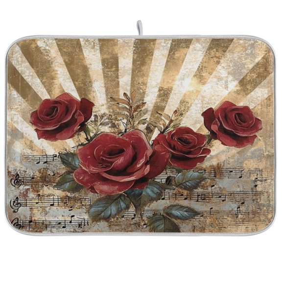 WOBOGO Notes Red Rose Kitchen Drying Mat Heat Resistant Drainage with Non-Slip Rubber Backing Hides Stains Super Absorbent Easy to Clean 16×18in