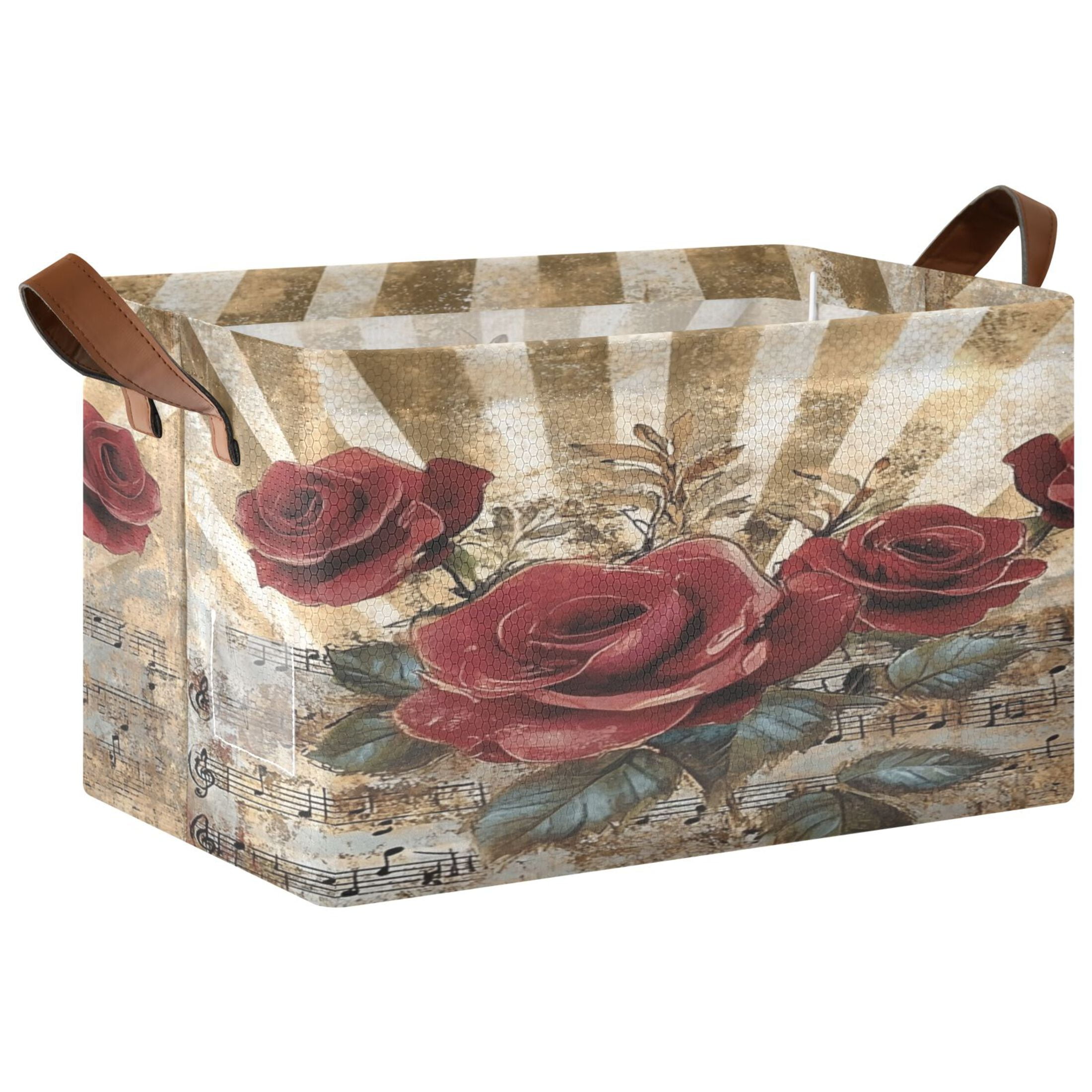 WOBOGO Notes Red Rose Storage Basket 16.9×11.4×10in Collapsible ...