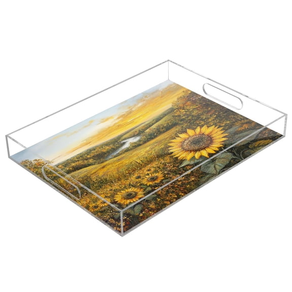 WOBOGO Oil Painting Of Sunflower Acrylic Serving Trays 15.7x11.8 Inch Spill Proof Clear Decorative Organizer with Handle